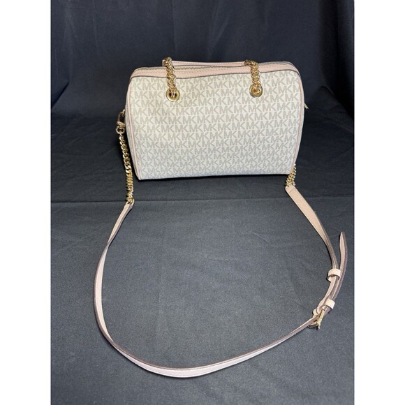 MICHAEL KORS BLAIRE VANILLA PINK LOGO GOLD CHAIN MED DUFFLE SATCHEL BAG *READ*** - Picture 5 of 13